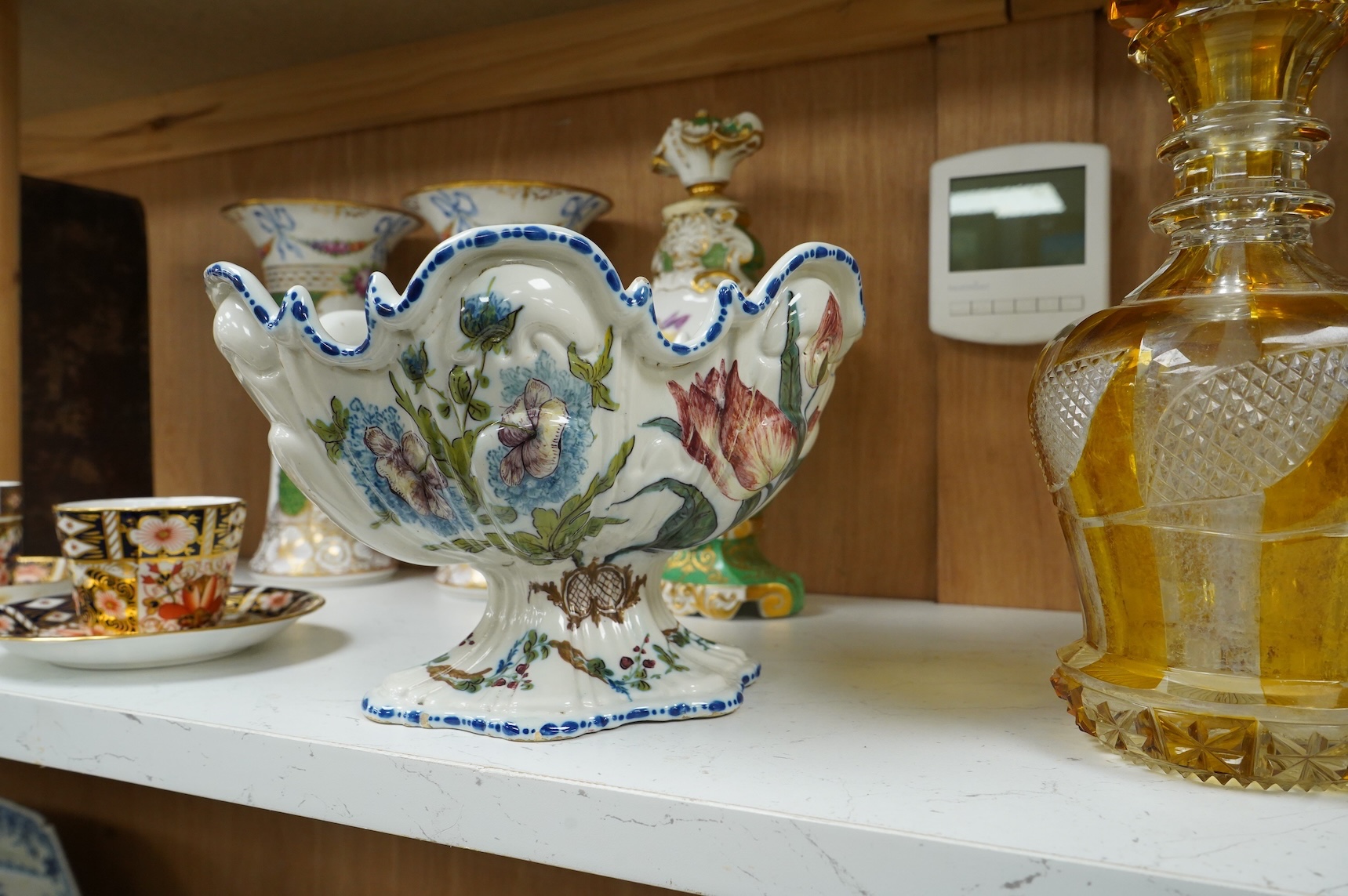 A pair of Dresden vases, a Paris porcelain bottle and stopper, a faience bowl and two Royal Crown Derby cups and saucers, tallest 26cm
